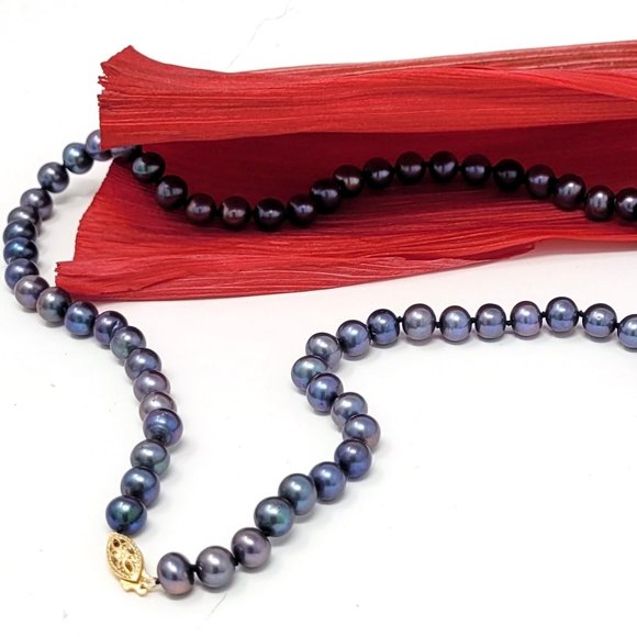 BLACK PEARL 7-7.5mm Necklace 14k Gold 24" long - Picture 4 of 4